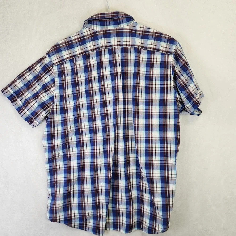 Banana Republic Soft Wash Plaid‎ Short Sleeve Button Down Shirt Blue Mens Large